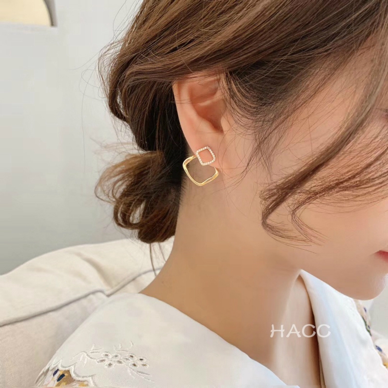 Anting Persegi Geometris Berlian Berkilau lady's simple personality Korean