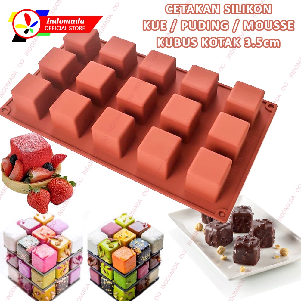 Indomada Cetakan Silikon 15 Kotak Kubus Kecil Petite Fours 3.5 x 2.7 cm Puding Coklat Kue Es Batu Je