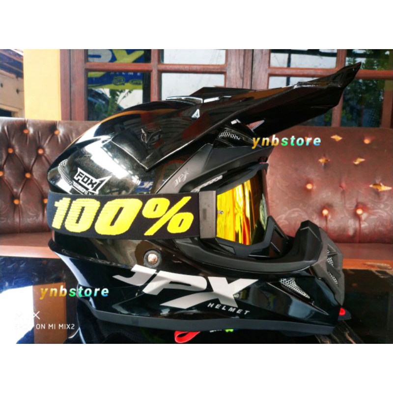 Helm JPX Cross Fox1 Solid Polos Black Hitam Gloss + Kacamata Google Goggle 100% Persen