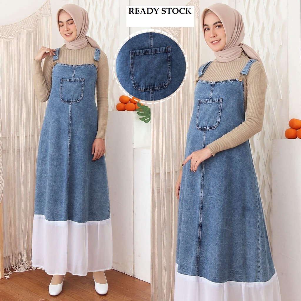 HOPYLOVY - Overall Rok Panjang Jeans Washed Aura Kombinasi Sifon Putih