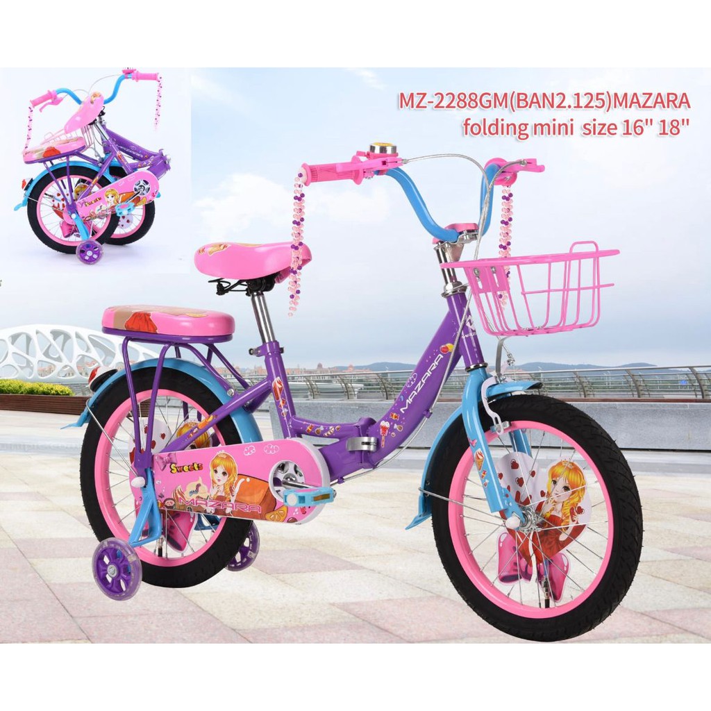 instan Sepeda Lipat Mini Anak Cewek Perempuan Pasific Mazara 16 18 Inch Folding Bocengan Keranjang Ungu Pink-3
