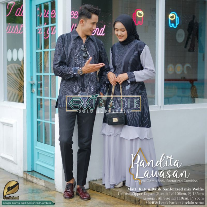 GAMIS WANITA COUPLE PASANGAN TERBARU  GAMIS POLOS KOMBINASI BATIK GAMIS SARIMBIT SET KEMEJA KONDANGAN CANTIK TERMURAH SERAGAMAN KELUARGA OUTFIT MOTIF PANDITA SRAGENAN