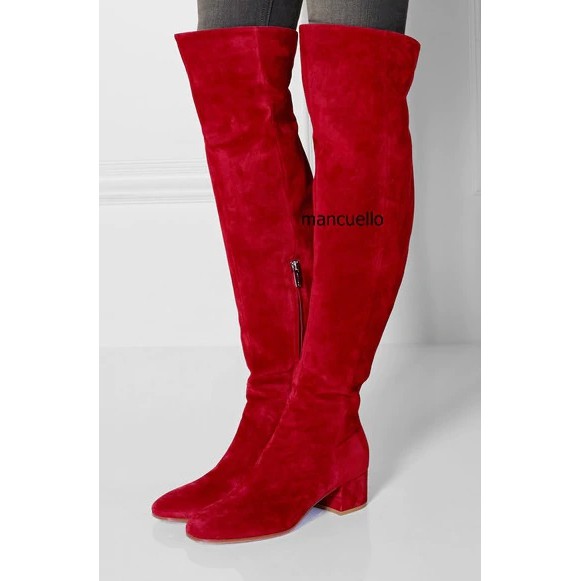 sepatu boots Fancy Red Suede Block Heel Long Boots Stylish Women Simply Design Round Chunky Heel