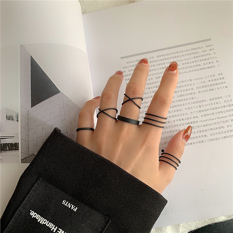 6pcs / Set Cincin Model Silang Warna Hitam / Emas / Silver Untuk Wanita