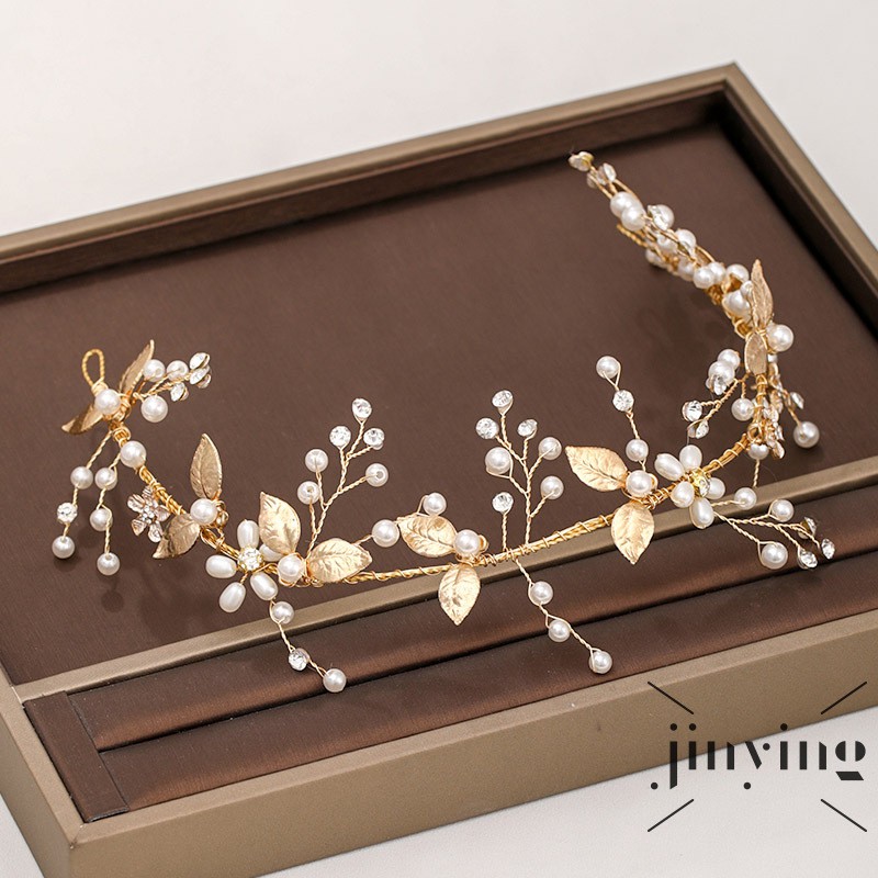 S Wind Bando Wanita Desain Daun Emas Hias Mutiara Berlian Imitasi Untuk Pernikahan Pantai Pesta Shopee Indonesia