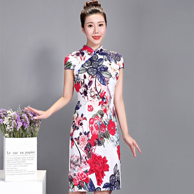 Multicolor new women's summer elastic cotton short sleeved cheongsam Chinese stand collar slim liter