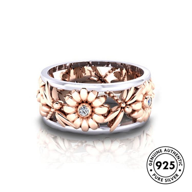 Cincin Desain Bunga Matahari Bahan S925 Silver 18k Warna Rose Gold