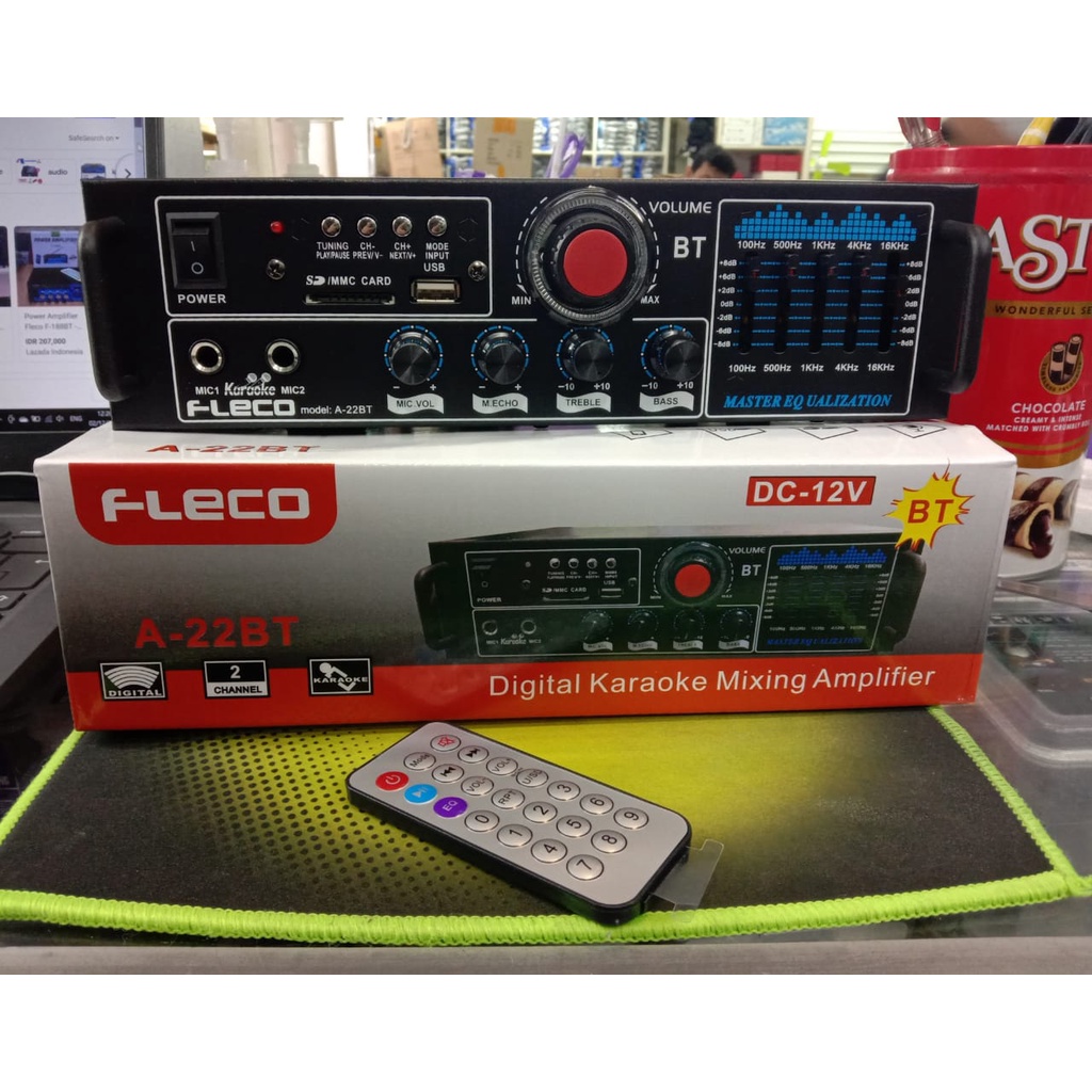 Audio Power Amplifier Fleco A-22BT DC 12V / Digital Karaoke Mixing Amplifier Bluetooth Fleco / Amplifier Karaoke 2 Mic Input