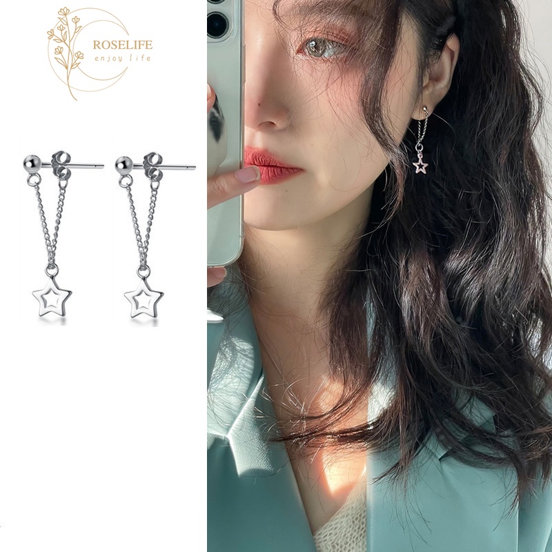 Roselife 1 Pasang Anting Gantung Panjang Tusuk Gaya Korea Motif Bintang Aksen Hollow + Rumbai Untuk Wanita