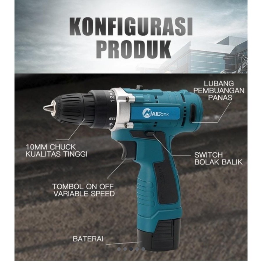 Mesin bor cordless drill bor baterai tembok 18v mailtank sh189