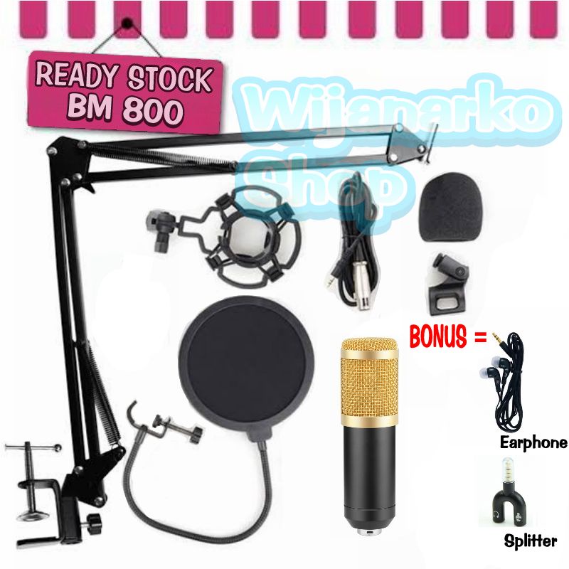 Paket Live Streaming dan Rekaman 1 Mic Kondenser BM800 + Arm Stand Pop Filter  Free Splitter Dan Earphone