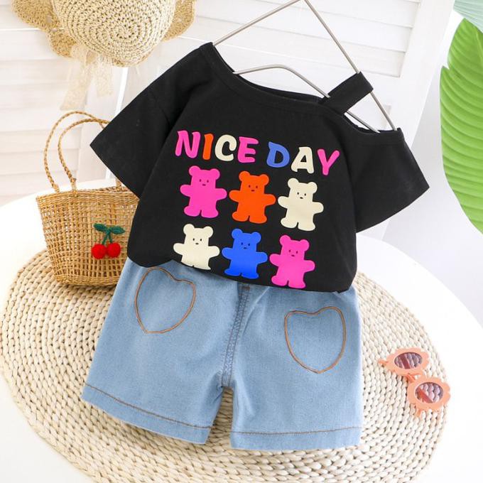 SETELAN IMPORT BAJU KAOS BEAR CELANA ANAK BAYI BALITA PEREMPUAN CEWEK - Hitam, Size 6