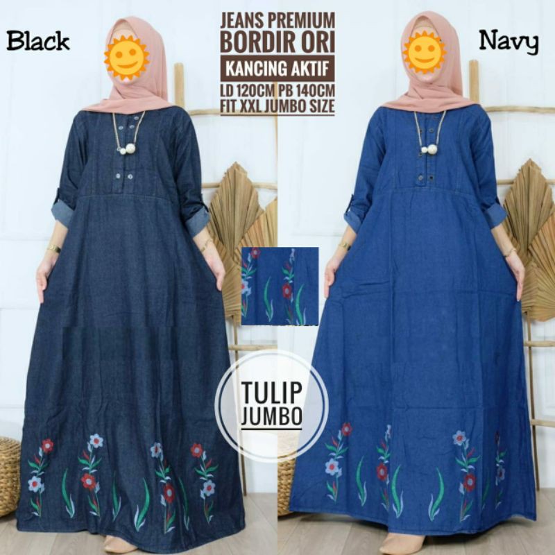 Gamis Jeans Bordir Bunga Jumbo LD 120 XXL Dress Denim Wanita Dewasa Busui Model Payung Terbaru