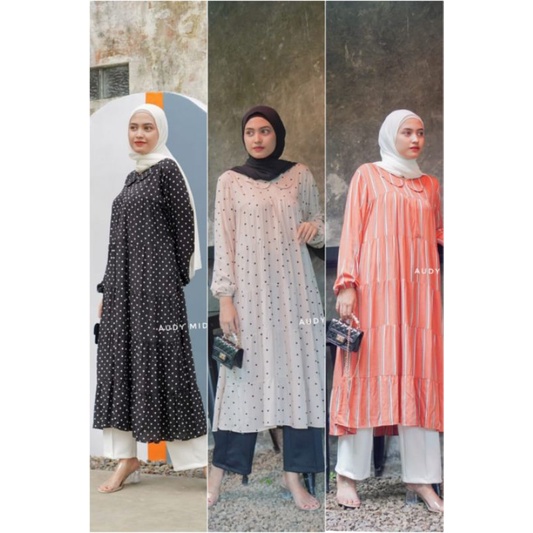 BISA COD AUDY LONG TUNIK BAJU TUNIK MUSLIMAH SYARI RAYON VISCOSE MOTIF POLKA POLKADOT BABYDOLL REMPE