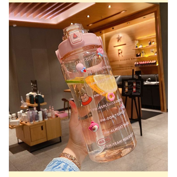 ((READY)) BAKUL UNIK - YIBEN Botol minum pastel jumbo 2L seperti Quifit / botol transparant bening tumbler 2 liter-Pink bening