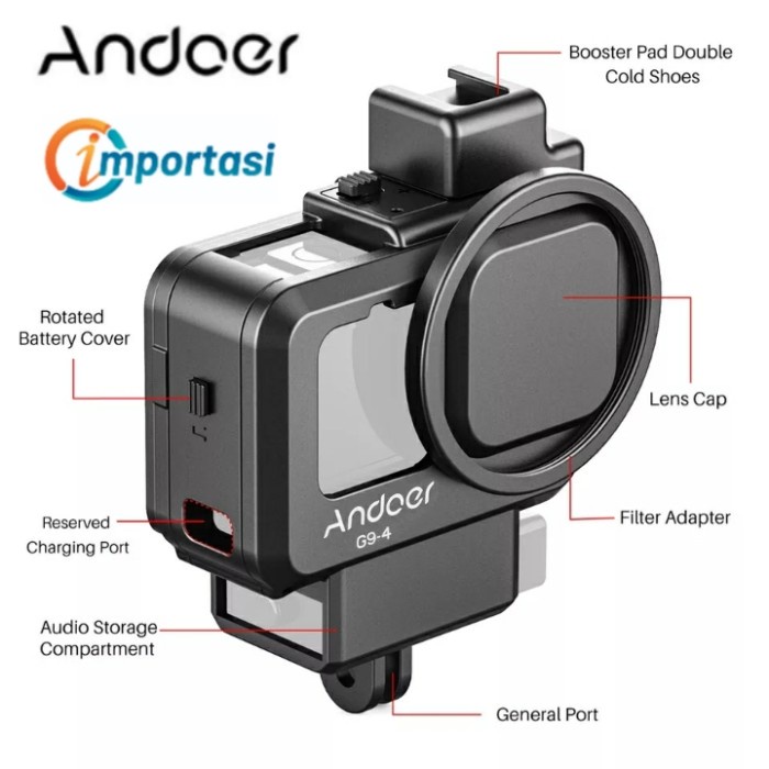 ANDOER Frame Vlog Case GoPro Hero 9 &amp; 10 Cage Housing Cold Shoe 55mm Adapter
