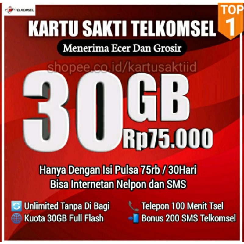 Kartu Sakti Combo 30gb 75rb/bln Kartu paket Murah/ Kartu Telkomsel murah