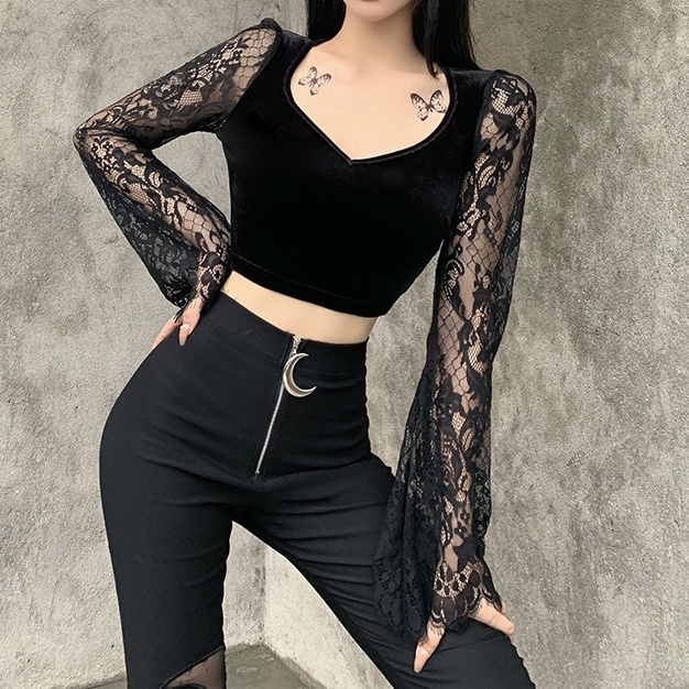 [Goth Story] Sexy Lace Long Sleeve Vneck Velvet  T-shirt Atasan Renda Lengan Panjang 8469 (S/M/L)