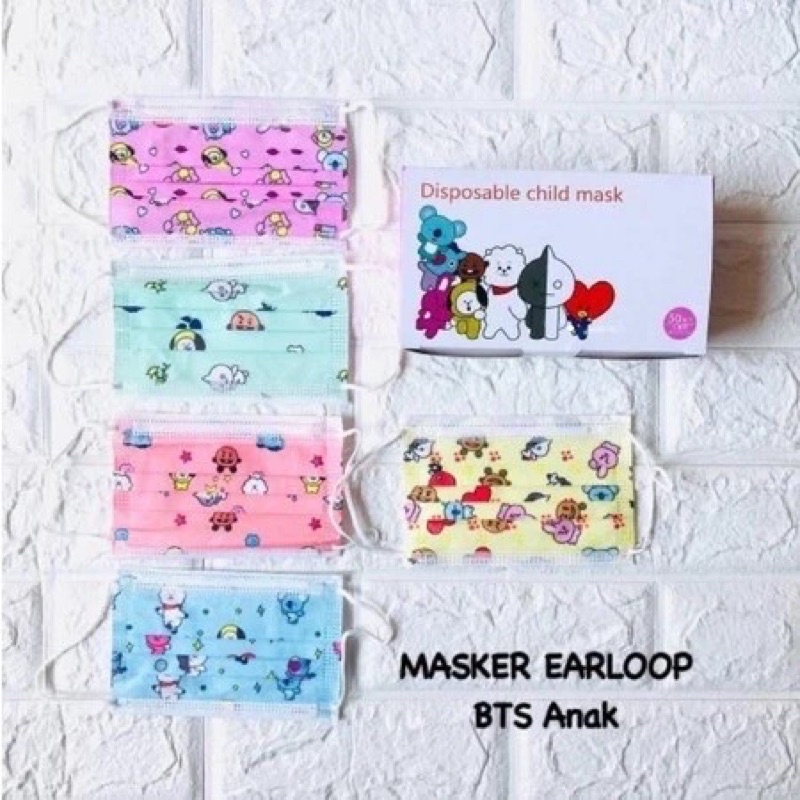 Masker Anak Earloop 3PLY - Masker Anak Karakter BTS - Masker Anak Earloop Motif Kartun ECER