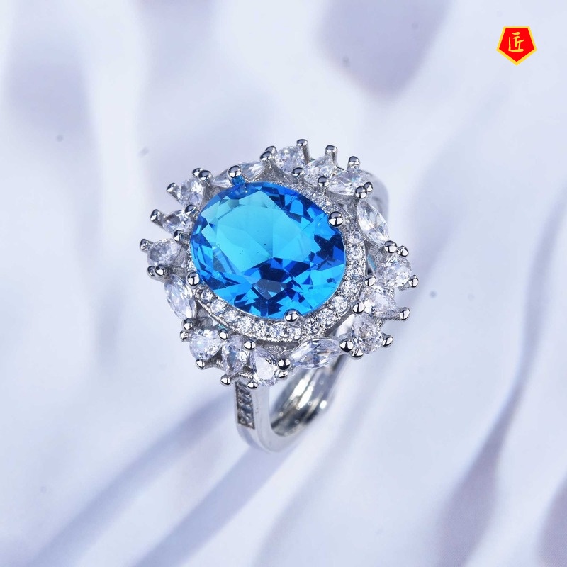 [Ready Stock]Luxury Full Diamond Natural Blue Topaz Ring