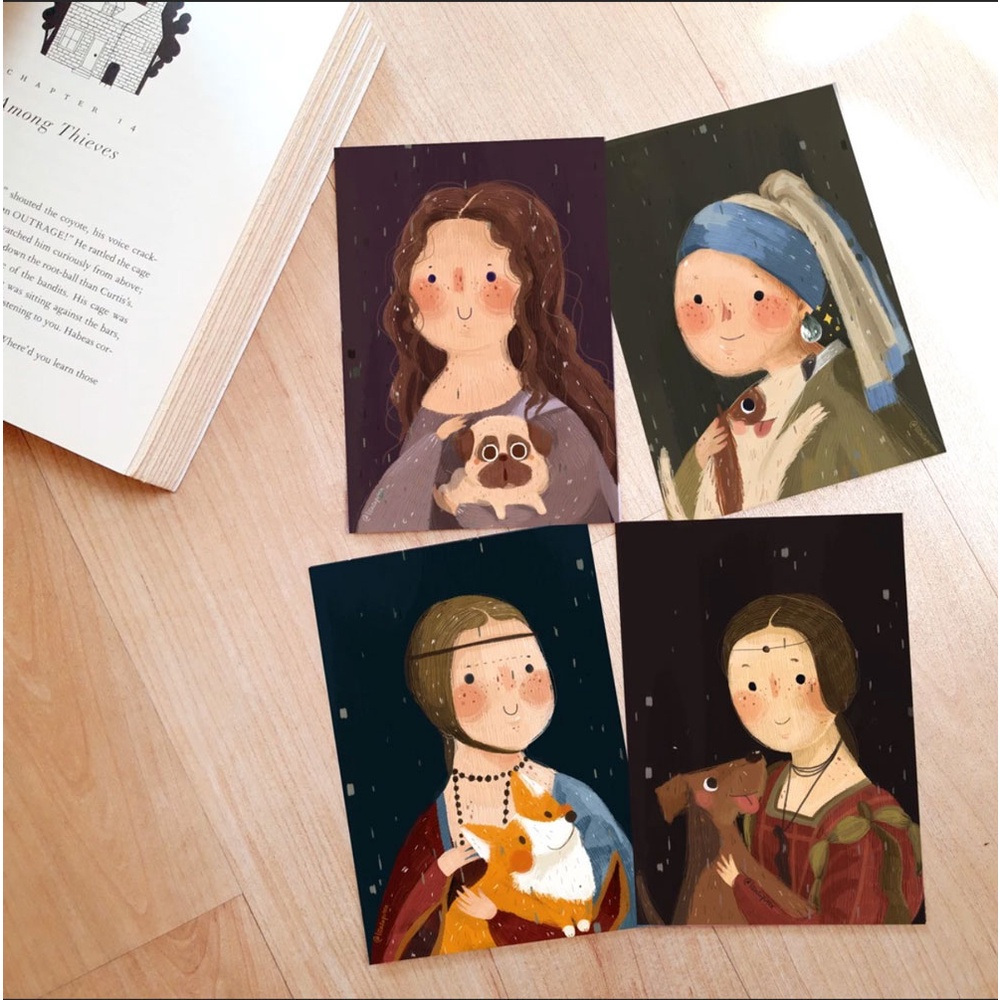 

Postcard kartupos set isi 4 art print cute dog buku lukisan classical painting DaVinci Vermeer