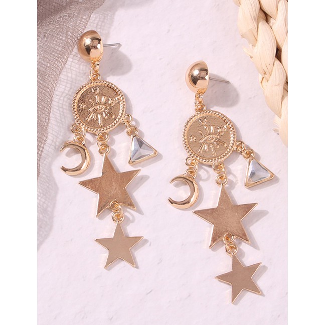 LRC Anting Tusuk Fashion Gold Alloy Star Moon Embossed Earrings F77991