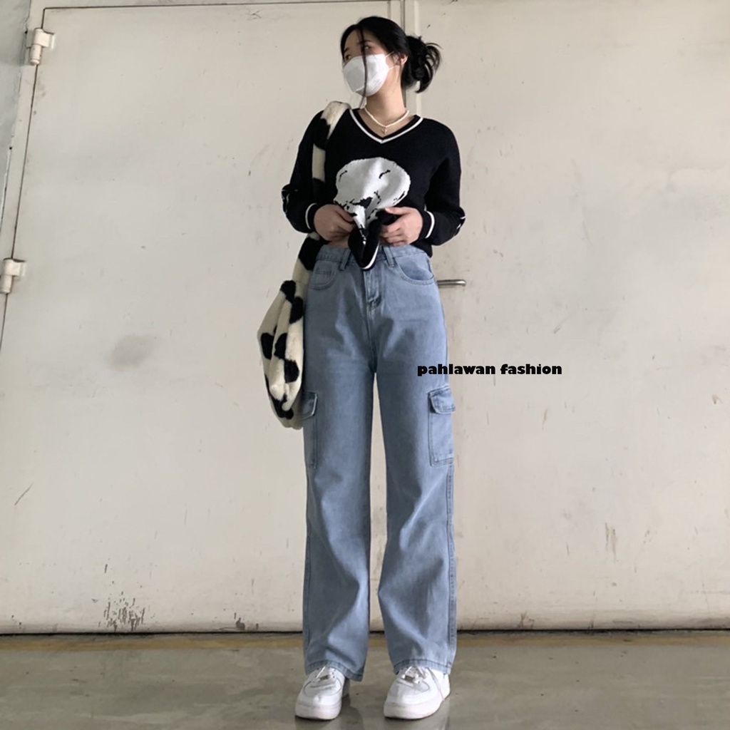 Celana Jeans Wanita Boyfriend Cargo ootd