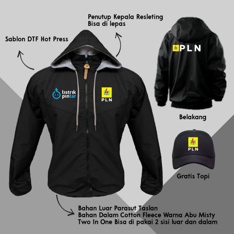 Jaket Parasut PLN Custom Bordir Nama dan Logo Bonus Topi