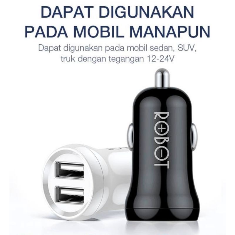 (ROBOT 007) Charger Mobil Kabel Micro usb Car Charger Dual Port Usb 2.4A