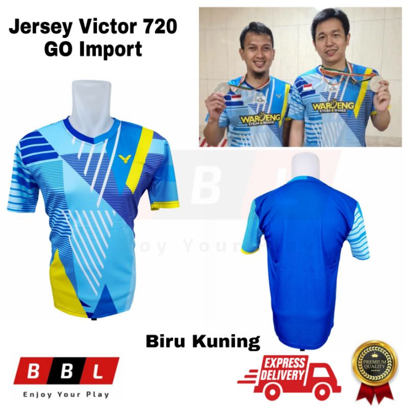 Jersey Badminton Victor 720 Biru Kuning Grade Ori Import Kaos Badminton Victor Import terbaru 2022 K
