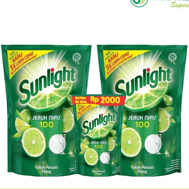 Sunlight LIme Sabun Cuci Piring 650ml refil 2pcs (free Sunlight 95ml)