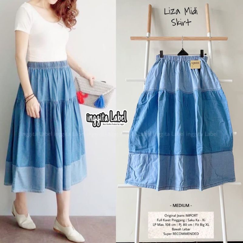 Liza midi skirt rok jeans wanita by inggita label