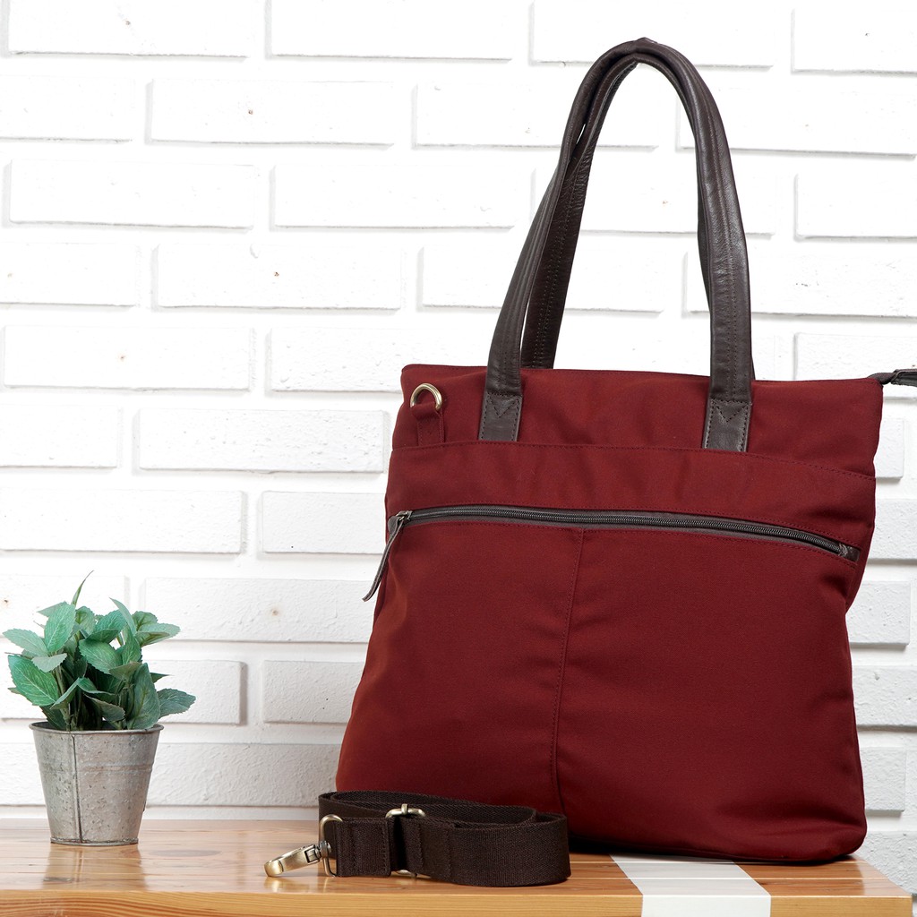 [PREMIUM] Tas Kerja Totebag Laptop Pria Wanita Kanvas Kulit ASLI Eastmovin Iowa Maroon