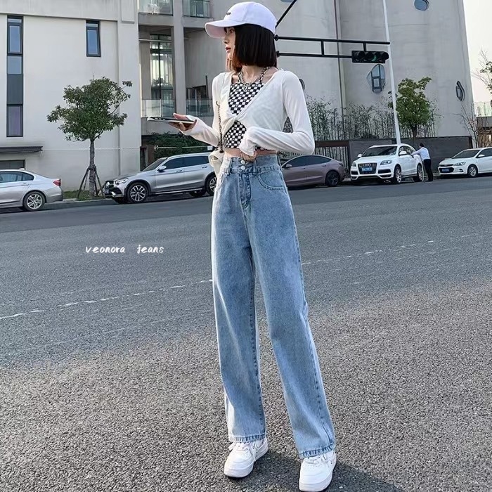 High Waist Loose Straight Korean Style Kulot Bagy Boyfriend Celana Panjang Jeans Wanita