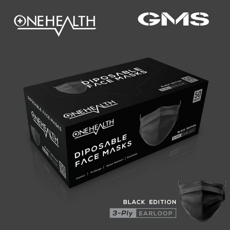 Masker 3 Ply OneHealth Earloop Black Edition Per Box isi 50 Pcs / Disposable Face Mask Black