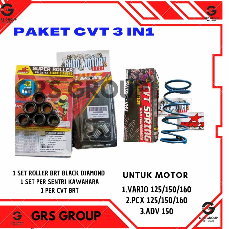 PROMO PAKET CVT 3 IN 1 VARIO PCX ADV 125/150/160 UP GRADE CVT VARIO 125 150 160 PAKET CVT ROLLER BRT PER CVT BRT PER KAMPAS GANDA KAWAHARA 1500 RPM PER CVT 1000 1500 2000 RPM ROLER 11 15 16 17 18 GRAM PAKET CVT PCX 160 SPRING CVT VARIO 150 GHIO MOTOR SHOP