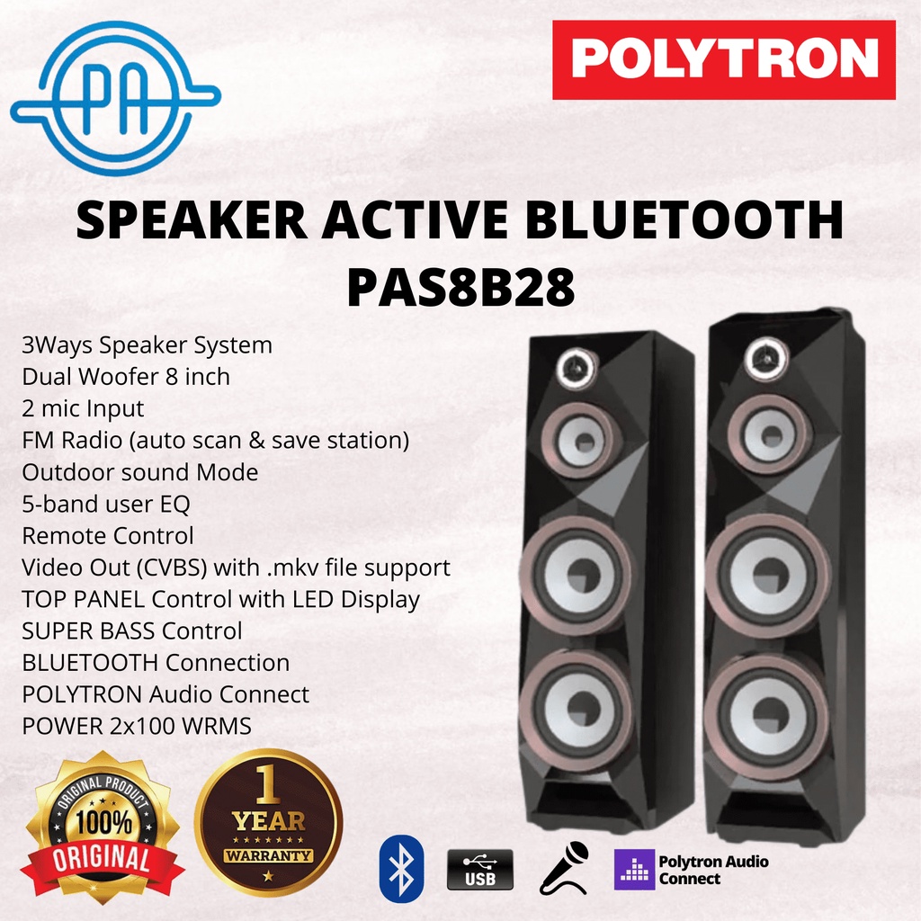 SPEAKER POLYTRON SPEAKER AKTIF PAS 8B28 USB BLUETOOTH KARAOKE MULTIMEDIA XBR