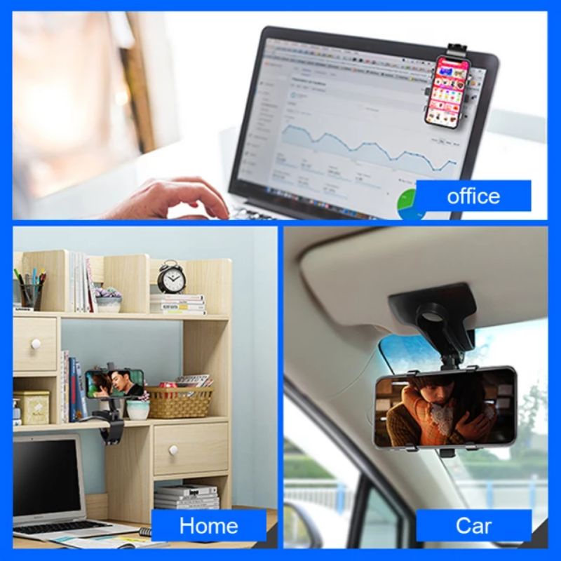 Phone Holder Mobil 4 in 1 Dudukan Hp di dashboard sunvisor rearview kaca belakang Universal Tripod Jepit Serbaguna