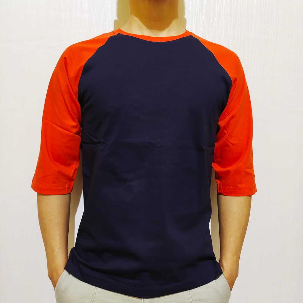 Kaos polos reglan biru navy lengan orange 3/4 M L XL XXL