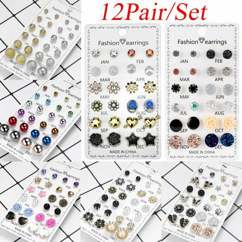 12 Pasang / Set Anting Tusuk Gantung Desain Bola Kristal / Berlian Imitasi + Mutiara Untuk Wanita