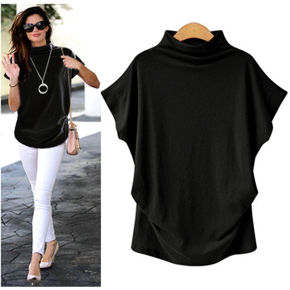 #Sisjuly# Wanita Mid Length Casual Casual Musim Panas Wanita Leher Tinggi Top Bat Sleeve Short Sleev