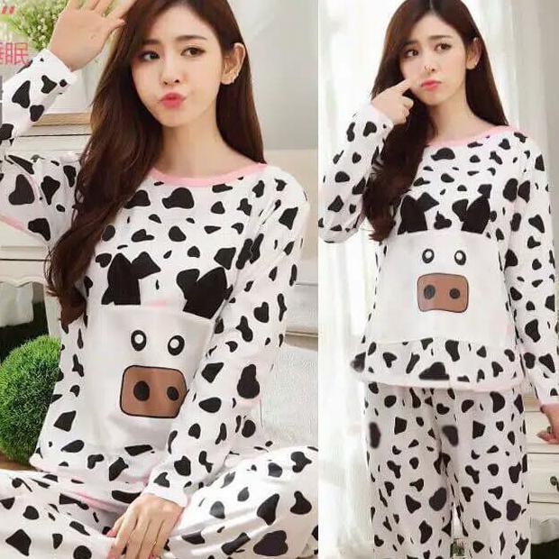 Ready-Dong Baju Tidur Setelan Wanita Bahan Kaos / Piyama Motif Sapi Hitam Putih