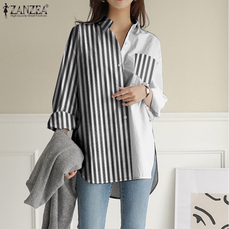 ZANZEA Women Casual Long Sleeve Lapel Loose Striped Patchwork Blouse