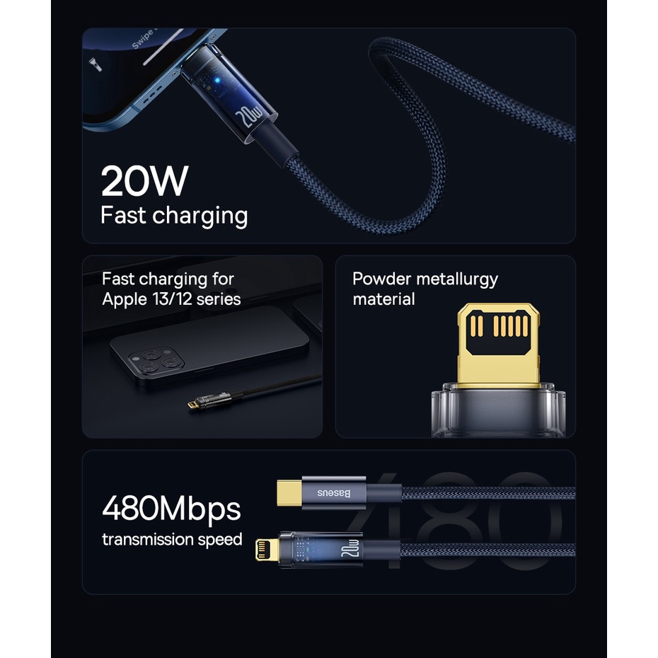 Kabel Charger Type C to Lightning PD 20W 7Pin Fast Charging BASEUS Cable Data 480Mbps Auto Power Off