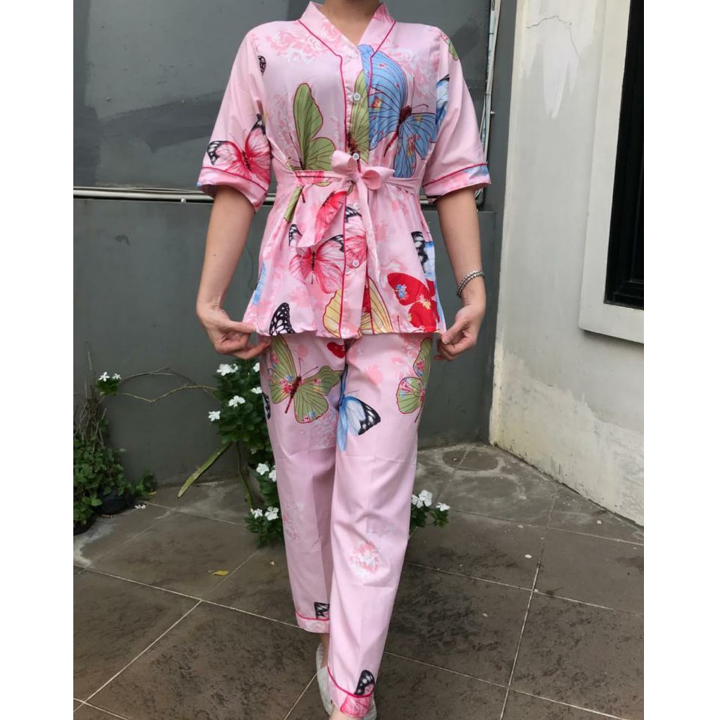 JNV Setelan Kimono CP Wanita Motif Karakter Kartun - Baju Tidur Kimono Lengan Pendek - Bahan Katun-Butterfly - Pink