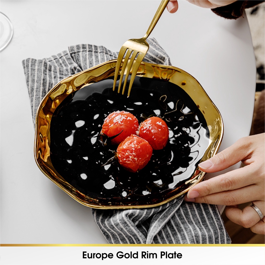 European Style Gold Piring Rim Matte Plate Makan Keramik Salad Fine Dining Cantik Ceramic Mewah