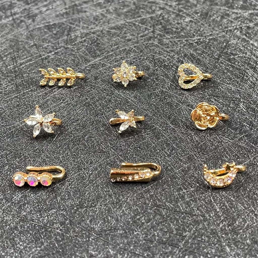 Hu Hu Hu Hu Hu Alat Bantu Pasang Kacamata♡ 9pcs Anting Stud Hidung Bentuk Bunga Bulan Aksen Berlian Imitasi Untuk Pesta