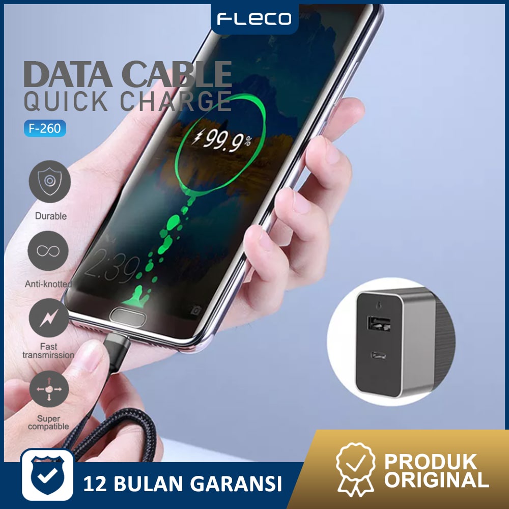 Kabel Data Kabel Fast Charging 2.4A Type C dan Micro F-260 FLECO - Garansi 1 Tahun Rusak Ganti Baru