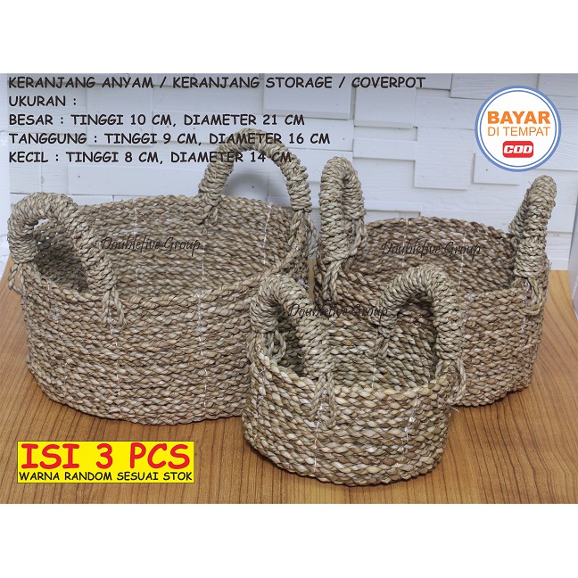 Hiasan Keranjang Anyam Kuping, Cover Pot Anyaman isi 3. Seagrass Basket (size 10,9,8)