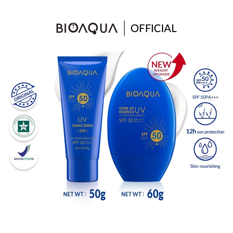 BIOAQUA SUNSCREEN ESSENCE DAN GEL SPF50 60GR DAN 50GR SUNBLOCK WAJAH